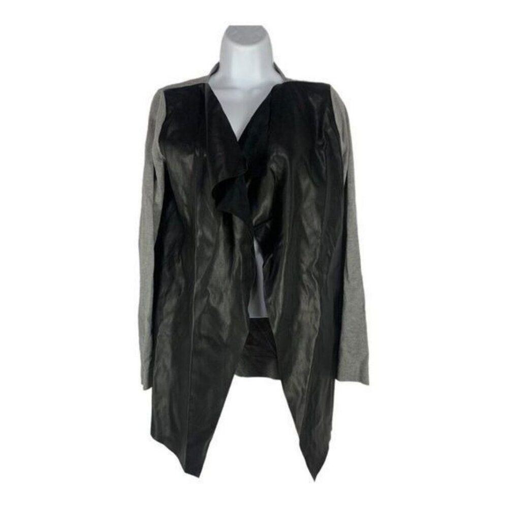 Zara Knit Gray & Black Faux Leather Open Front Cardigan Jacket M